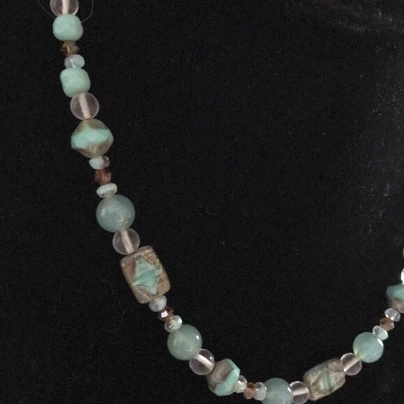 Vintage Handmade Teal Amazonite Rock Crystal Beads Swarovski Sterling Necklace - Picture 3 of 8